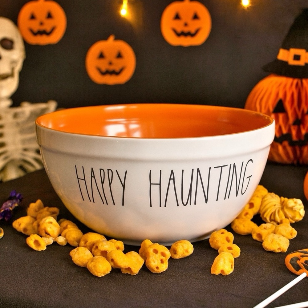 Rae Dunn 10”in Happy Haunting LL Melamine Halloween Bowl (2019) White and Orange